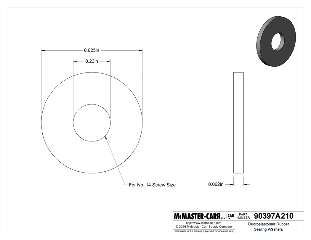 Technical Drawing of Fluoroelastomer Rubber Sealing Washers, for Number 14 Screw Size, 0.230" ID, 0.625" OD, 0.062" Thick.